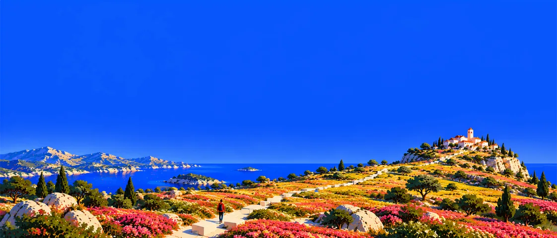 Illustration : un marcheur suit un chemin de blocs vers un village au bord de la mer, entre les fleurs.