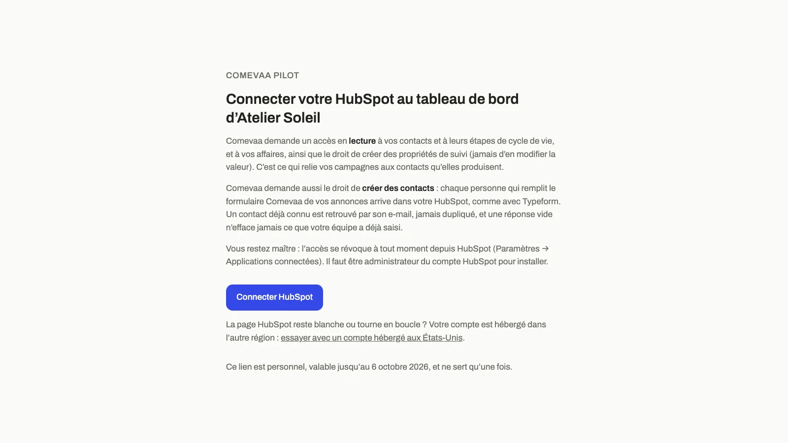 The connection page listing the access Comevaa requests, with the Connecter HubSpot button